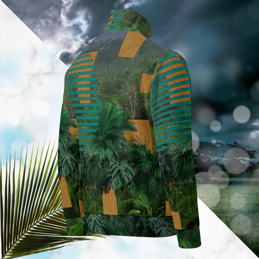 Multicolored all over print track jacket depicting a dense lush jungle overlayed and interlaced with bold solid orange abstract graphics teal rounded modern stripes and a dark gray stormy sky at the top overlayed with retro inspired static similar to video degradation on an old television set with a Neon Pools magenta and blue vaporwave sun and waves emblem at left chest
