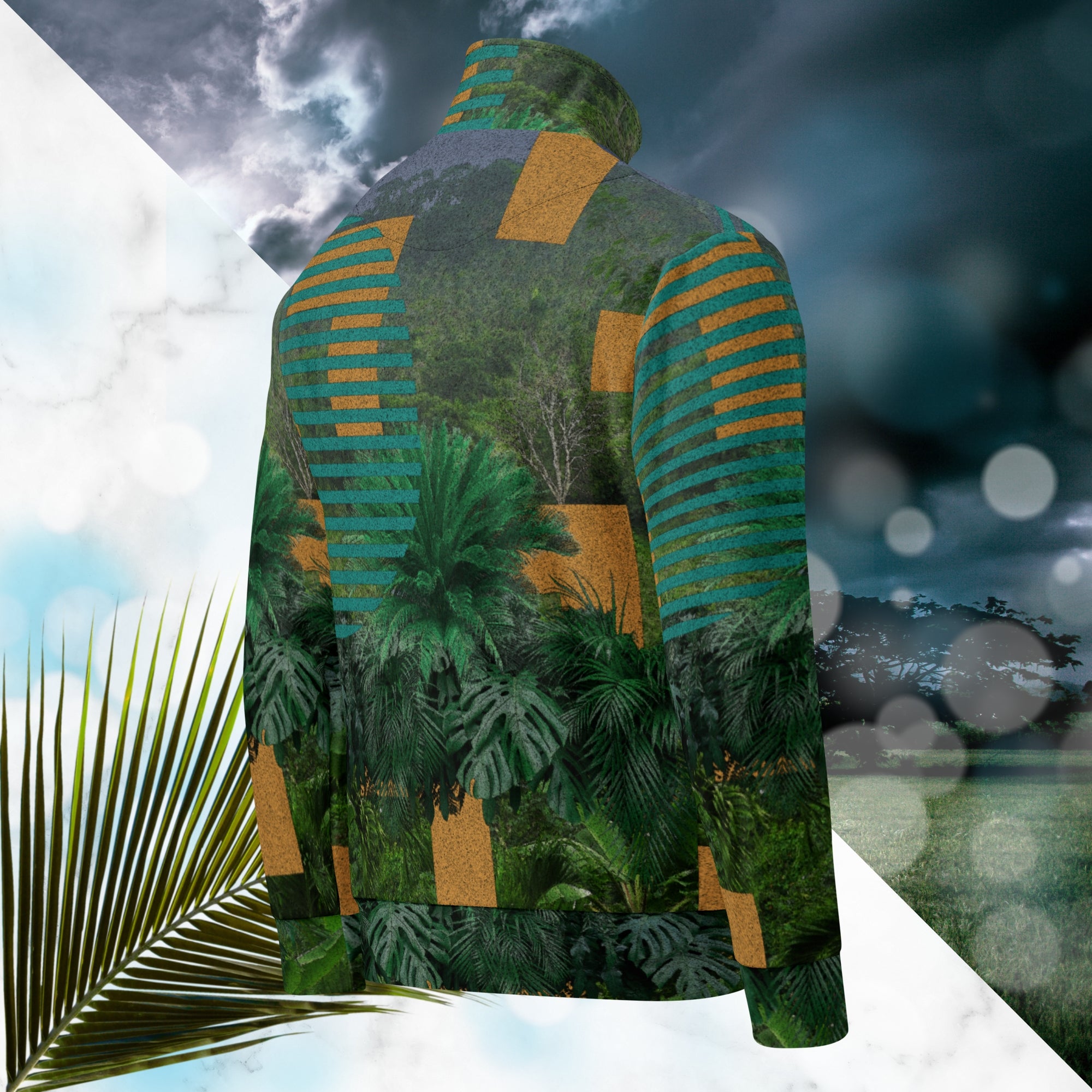 Multicolored all over print track jacket depicting a dense lush jungle overlayed and interlaced with bold solid orange abstract graphics teal rounded modern stripes and a dark gray stormy sky at the top overlayed with retro inspired static similar to video degradation on an old television set with a Neon Pools magenta and blue vaporwave sun and waves emblem at left chest