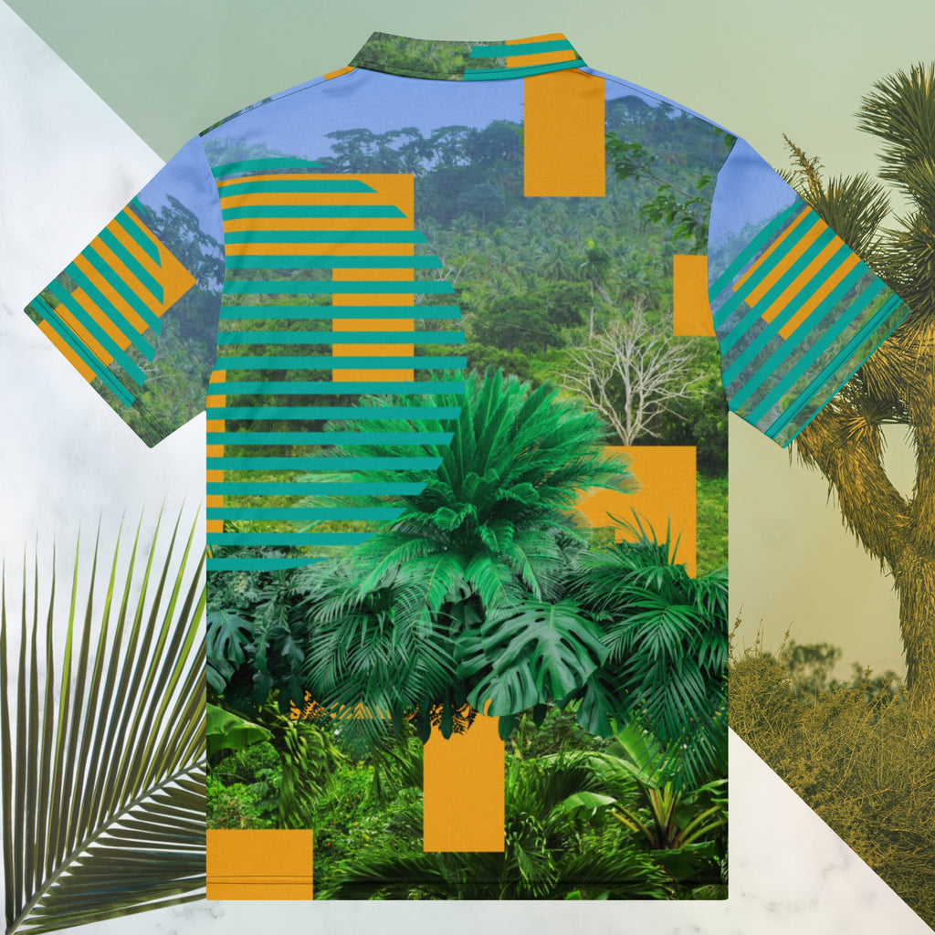 Primarily green orange teal and misty blue shirt depicting a dense lush misty jungle overlayed and interlaced with 3d ferns monstera plants and bold solid orange abstract graphic shapes bold teal rounded modern stripes and a hazy blue sky at the top