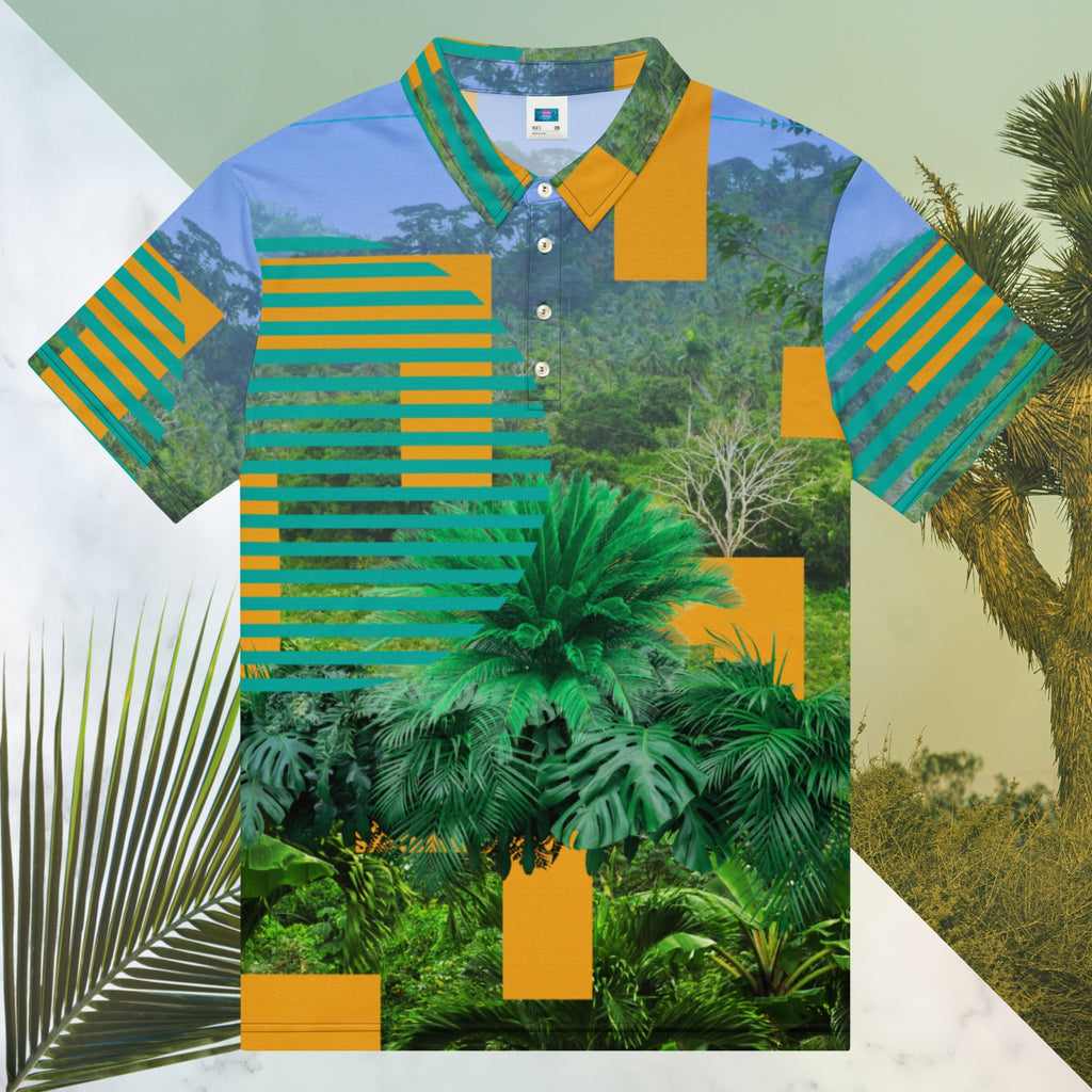 Primarily green orange teal and misty blue shirt depicting a dense lush misty jungle overlayed and interlaced with 3d ferns monstera plants and bold solid orange abstract graphic shapes bold teal rounded modern stripes and a hazy blue sky at the top