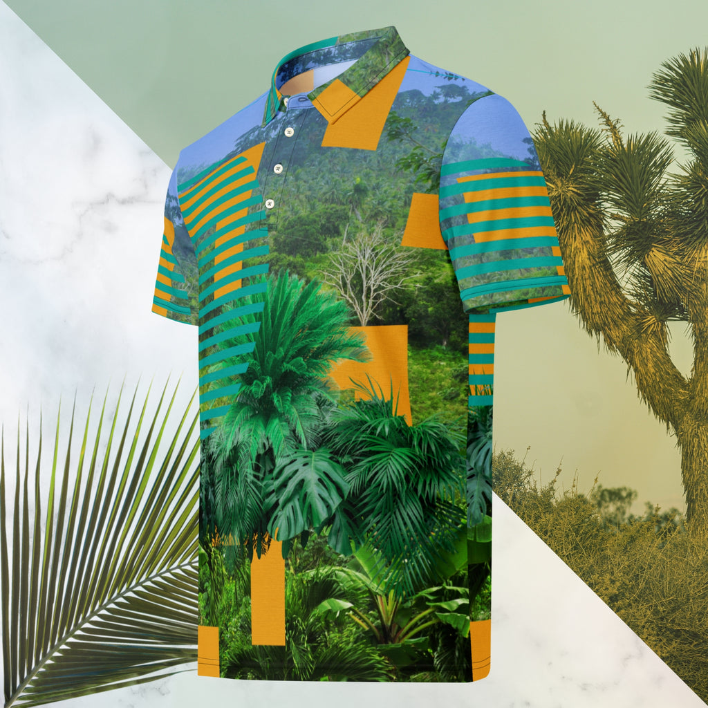 Primarily green orange teal and misty blue shirt depicting a dense lush misty jungle overlayed and interlaced with 3d ferns monstera plants and bold solid orange abstract graphic shapes bold teal rounded modern stripes and a hazy blue sky at the top