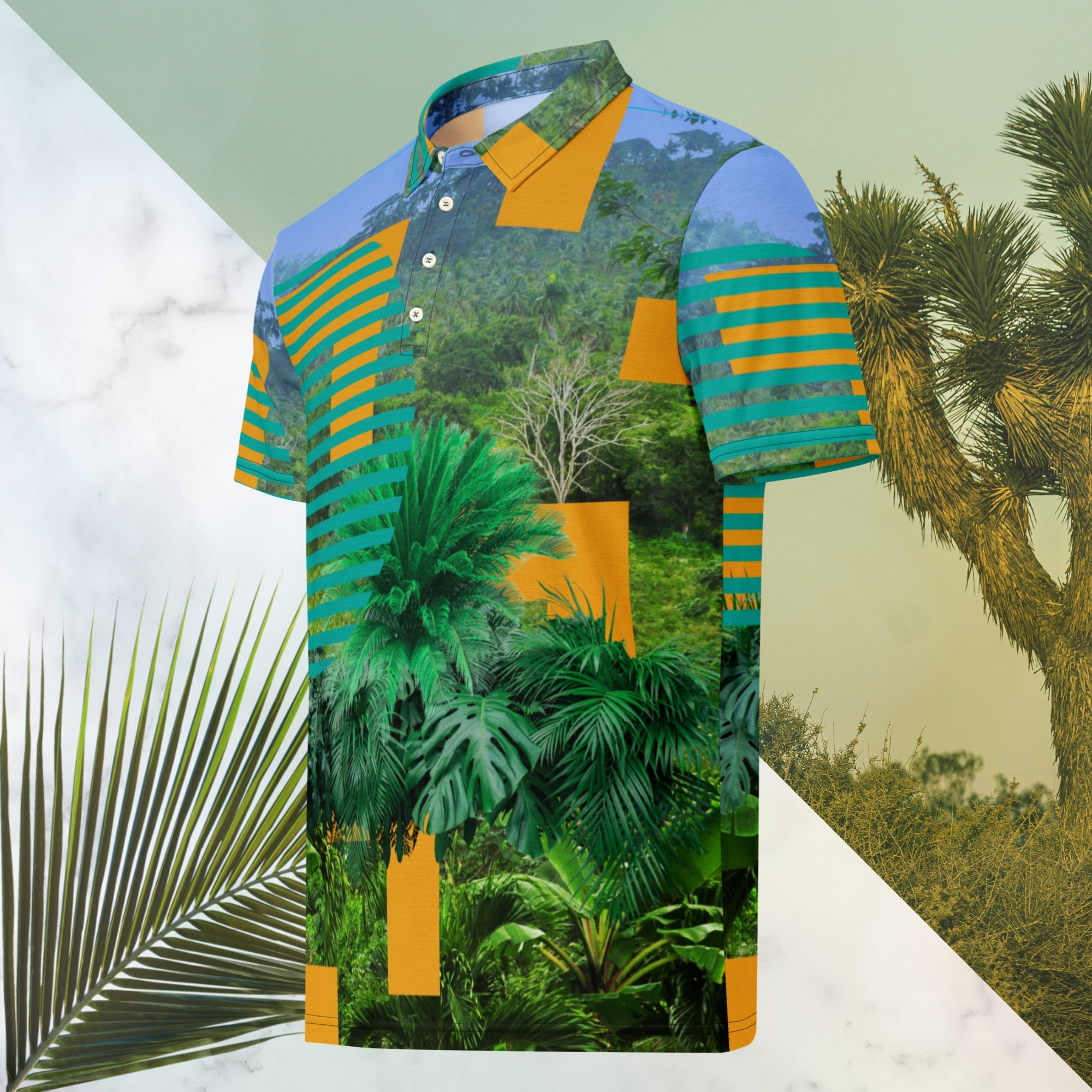 Primarily green orange teal and misty blue shirt depicting a dense lush misty jungle overlayed and interlaced with 3d ferns monstera plants and bold solid orange abstract graphic shapes bold teal rounded modern stripes and a hazy blue sky at the top