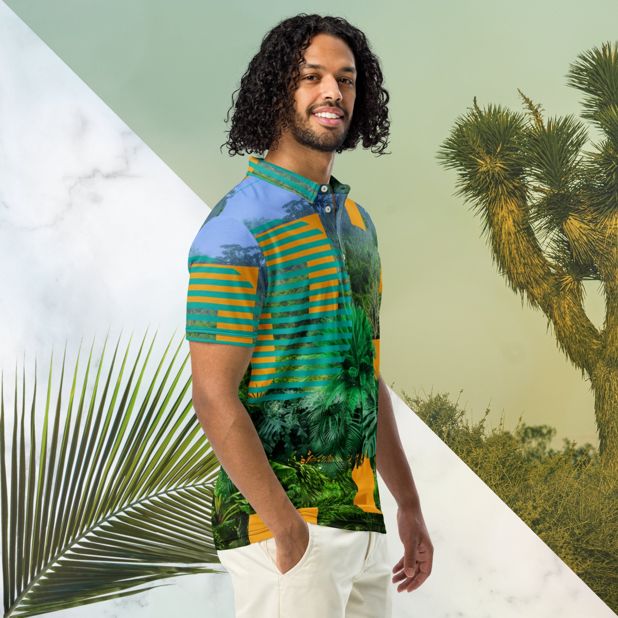 Primarily green orange teal and misty blue shirt depicting a dense lush misty jungle overlayed and interlaced with 3d ferns monstera plants and bold solid orange abstract graphic shapes bold teal rounded modern stripes and a hazy blue sky at the top