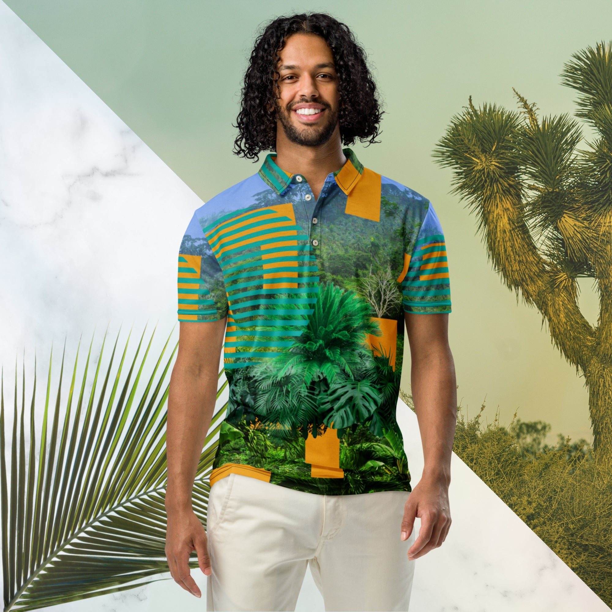 Primarily green orange teal and misty blue shirt depicting a dense lush misty jungle overlayed and interlaced with 3d ferns monstera plants and bold solid orange abstract graphic shapes bold teal rounded modern stripes and a hazy blue sky at the top