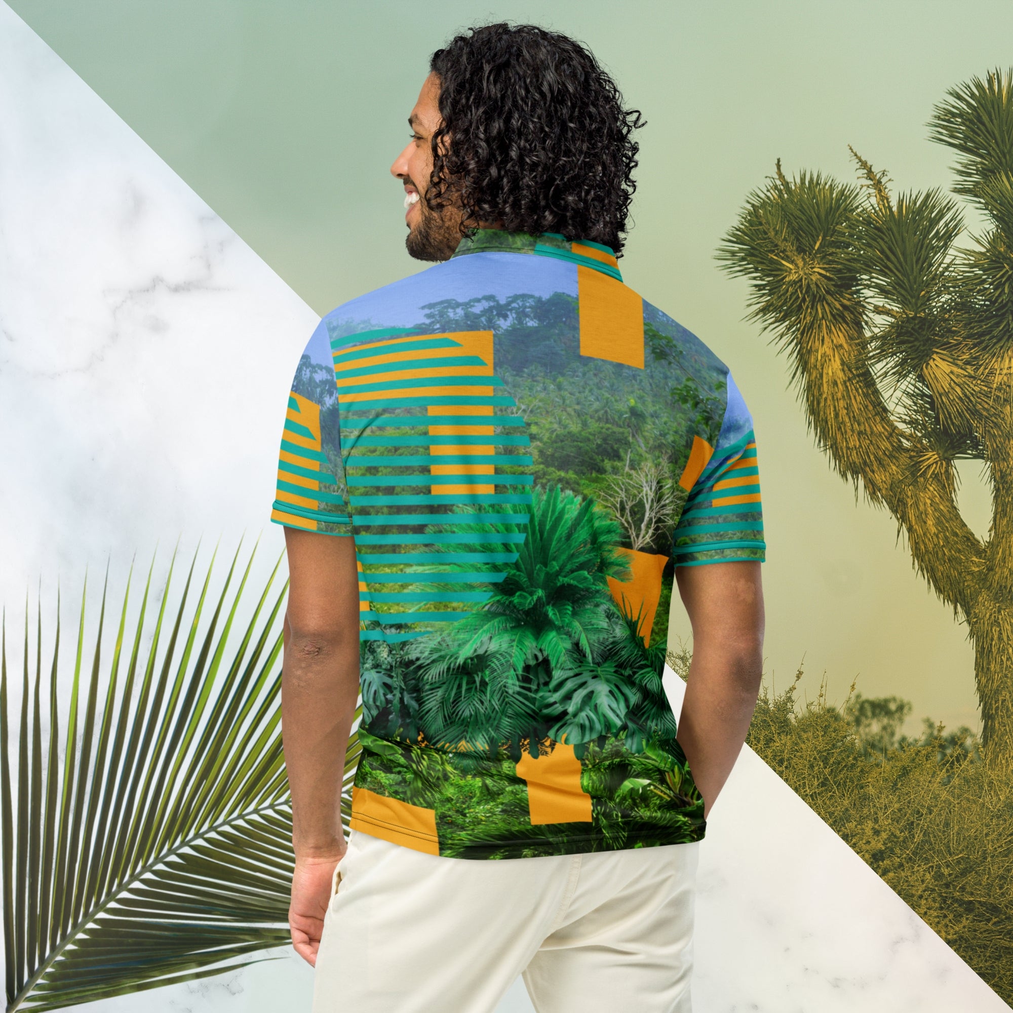 Primarily green orange teal and misty blue shirt depicting a dense lush misty jungle overlayed and interlaced with 3d ferns monstera plants and bold solid orange abstract graphic shapes bold teal rounded modern stripes and a hazy blue sky at the top
