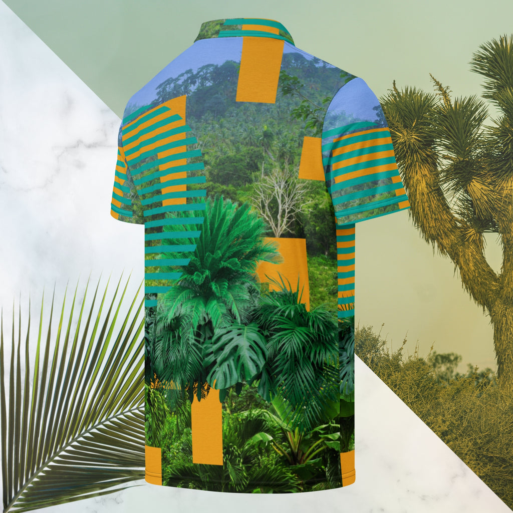 Primarily green orange teal and misty blue shirt depicting a dense lush misty jungle overlayed and interlaced with 3d ferns monstera plants and bold solid orange abstract graphic shapes bold teal rounded modern stripes and a hazy blue sky at the top